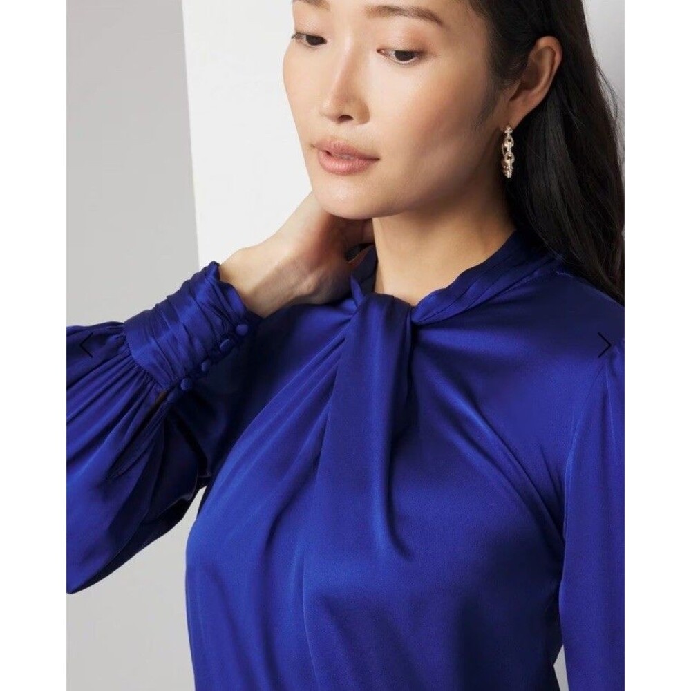 WHITE HOUSE BLACK MARKET Twisted Neck Satin Blouse Sodalite Blue NWT Sz 12 - Picture 2 of 8